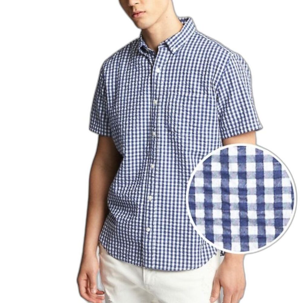 J. Crew Men's Royal Blue White Gingham Check Seersucker SS Buttondown Shirt Sz L